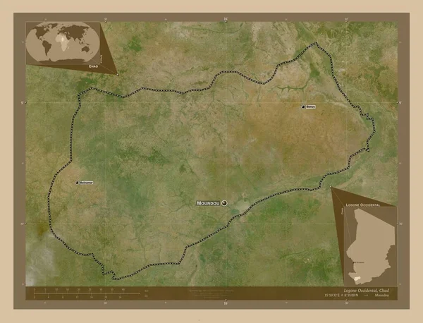 ローン オクシデンタルチャドの地域 低解像度衛星地図 地域の主要都市の位置と名前 コーナー補助位置図 — ストック写真