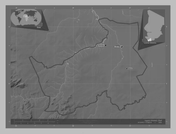 Logone Oriental 乍得地区 带有湖泊和河流的灰度高程图 该区域主要城市的地点和名称 角辅助位置图 — 图库照片