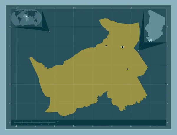 ロゴン オリエンタルチャドの地域 しっかりした色の形 地域の主要都市の場所 コーナー補助位置図 — ストック写真