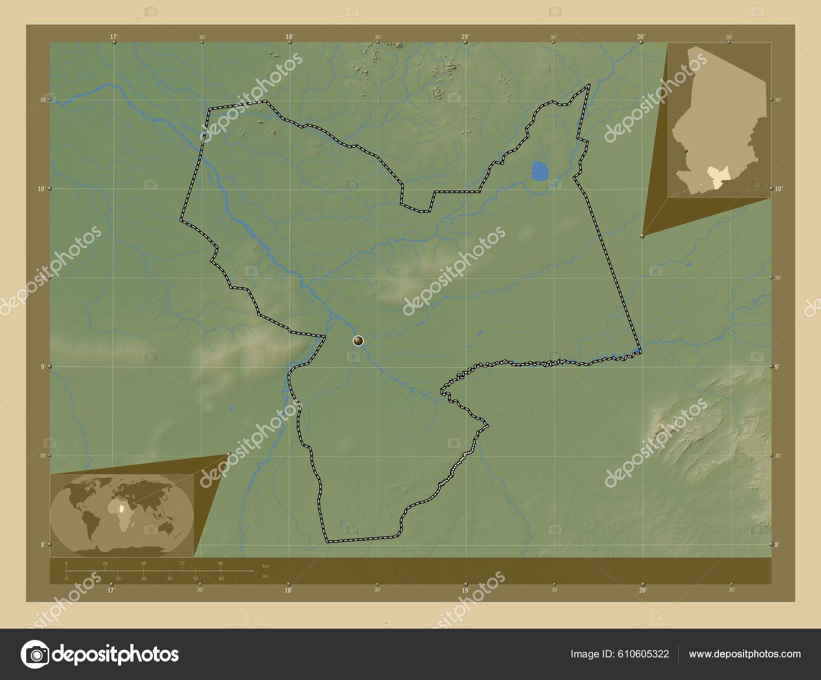 Moyen Chari Region Chad Colored Elevation Map Lakes Rivers Corner Stock
