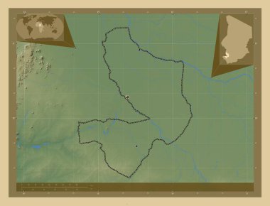 Mayo-Kebbi Est, Çad bölgesi. Gölleri ve nehirleri olan renkli yükseklik haritası. Bölgenin büyük şehirlerinin yerleri. Köşedeki yedek konum haritaları