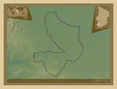 Mayo-Kebbi Est, Çad bölgesi. Gölleri ve nehirleri olan renkli yükseklik haritası. Bölgenin büyük şehirlerinin yerleri ve isimleri. Köşedeki yedek konum haritaları
