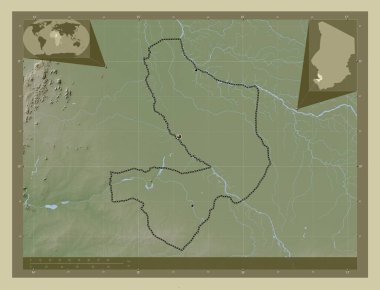 Mayo-Kebbi Est, Çad bölgesi. Yükseklik haritası göller ve nehirlerle wiki tarzında renklendirilmiş. Bölgenin büyük şehirlerinin yerleri. Köşedeki yedek konum haritaları