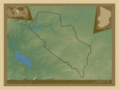 Mayo-Kebbi Ouest, Çad bölgesi. Gölleri ve nehirleri olan renkli yükseklik haritası. Bölgenin büyük şehirlerinin yerleri ve isimleri. Köşedeki yedek konum haritaları