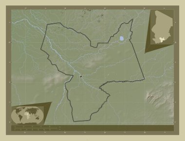 Moyen-Chari, Çad bölgesi. Yükseklik haritası göller ve nehirlerle wiki tarzında renklendirilmiş. Köşedeki yedek konum haritaları