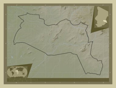 Sila, Chad bölgesi. Yükseklik haritası göller ve nehirlerle wiki tarzında renklendirilmiş. Köşedeki yedek konum haritaları