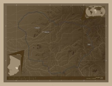 Ouaddai, Çad bölgesi. Yükseklik haritası sepya tonlarında göller ve nehirlerle renklendirilmiş. Bölgenin büyük şehirlerinin yerleri ve isimleri. Köşedeki yedek konum haritaları