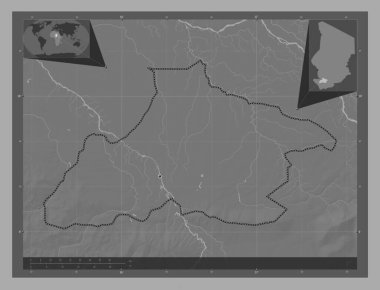 Tandjile, Çad bölgesi. Göllü ve nehirli çift katlı yükseklik haritası. Köşedeki yedek konum haritaları
