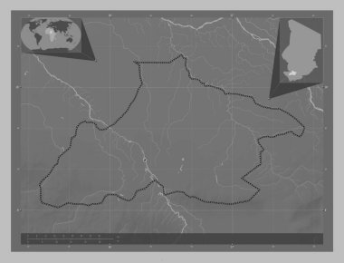 Tandjile, Çad bölgesi. Gölleri ve nehirleri olan gri tonlama yükseklik haritası. Köşedeki yedek konum haritaları