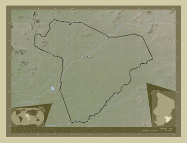 Salamat, Chad bölgesi. Yükseklik haritası göller ve nehirlerle wiki tarzında renklendirilmiş. Bölgenin büyük şehirlerinin yerleri ve isimleri. Köşedeki yedek konum haritaları