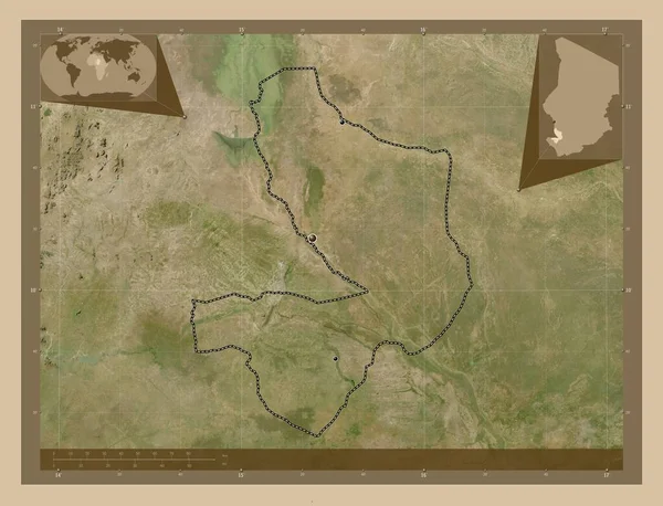 チャドの地域のMayo Kebbi Est 低解像度衛星地図 地域の主要都市の場所 コーナー補助位置図 — ストック写真
