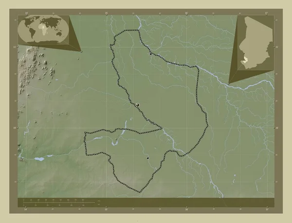 乍得地区Mayo Kebbi Est 用Wiki风格绘制的带有湖泊和河流的高程地图 该区域主要城市的所在地点 角辅助位置图 — 图库照片