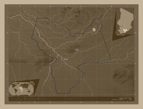 Moyen Chari Region Chad Elevation Map Colored Sepia Tones Lakes — Stock Photo, Image