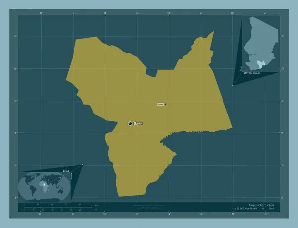 乍得地区Moyen Chari 固体的颜色形状 该区域主要城市的地点和名称 角辅助位置图 — 图库照片
