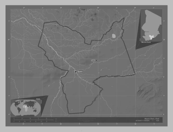 Moyen Chari Região Chade Mapa Elevação Escala Cinza Com Lagos — Fotografia de Stock
