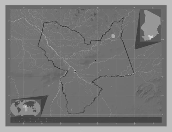 Moyen Chari Region Chad Grayscale Elevation Map Lakes Rivers Locations — Stock Photo, Image