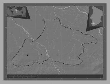 Tandjile, Çad bölgesi. Göllü ve nehirli çift katlı yükseklik haritası. Bölgenin büyük şehirlerinin yerleri. Köşedeki yedek konum haritaları