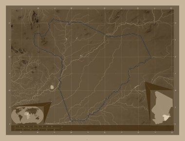 Salamat, Chad bölgesi. Yükseklik haritası sepya tonlarında göller ve nehirlerle renklendirilmiş. Köşedeki yedek konum haritaları