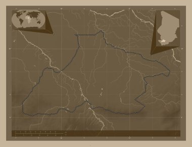 Tandjile, Çad bölgesi. Yükseklik haritası sepya tonlarında göller ve nehirlerle renklendirilmiş. Köşedeki yedek konum haritaları