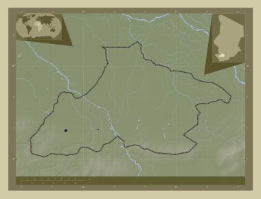 Tandjile, Çad bölgesi. Yükseklik haritası göller ve nehirlerle wiki tarzında renklendirilmiş. Bölgenin büyük şehirlerinin yerleri. Köşedeki yedek konum haritaları