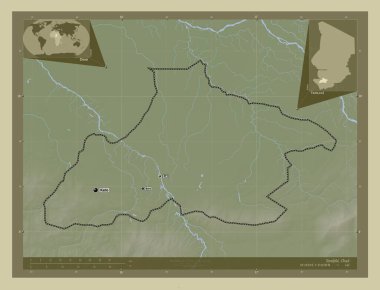Tandjile, Çad bölgesi. Yükseklik haritası göller ve nehirlerle wiki tarzında renklendirilmiş. Bölgenin büyük şehirlerinin yerleri ve isimleri. Köşedeki yedek konum haritaları