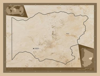 Wadi Fira, Çad bölgesi. Düşük çözünürlüklü uydu. Bölgenin büyük şehirlerinin yerleri ve isimleri. Köşedeki yedek konum haritaları