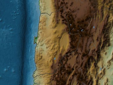 Antofagasta, Şili bölgesi. Gölleri ve nehirleri olan renkli yükseklik haritası