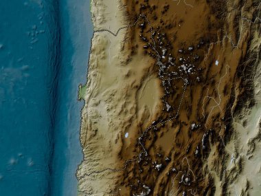 Antofagasta, Şili bölgesi. Yükseklik haritası göller ve nehirlerle wiki stilinde renklendirilmiştir