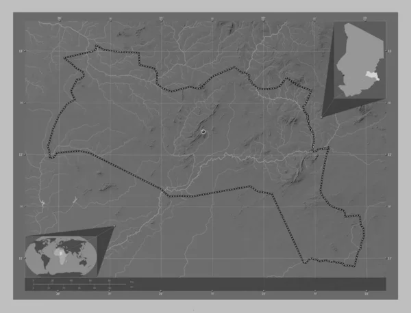 Sila Regionen Tchad Grayscale Höjdkarta Med Sjöar Och Floder Platser — Stockfoto