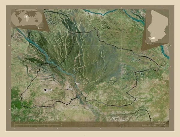 乍得地区Tandjile 高分辨率卫星地图 该区域主要城市的地点和名称 角辅助位置图 — 图库照片