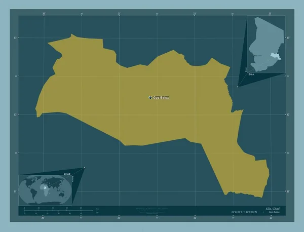 Sila 乍得地区 固体的颜色形状 该区域主要城市的地点和名称 角辅助位置图 — 图库照片