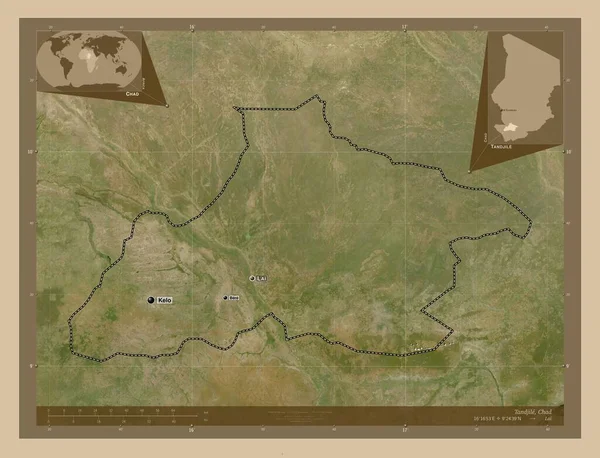 乍得地区Tandjile 低分辨率卫星地图 该区域主要城市的地点和名称 角辅助位置图 — 图库照片