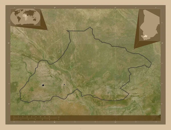 乍得地区Tandjile 低分辨率卫星地图 该区域主要城市的所在地点 角辅助位置图 — 图库照片