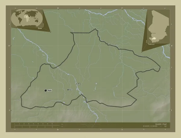 乍得地区Tandjile 用Wiki风格绘制的带有湖泊和河流的高程地图 该区域主要城市的地点和名称 角辅助位置图 — 图库照片
