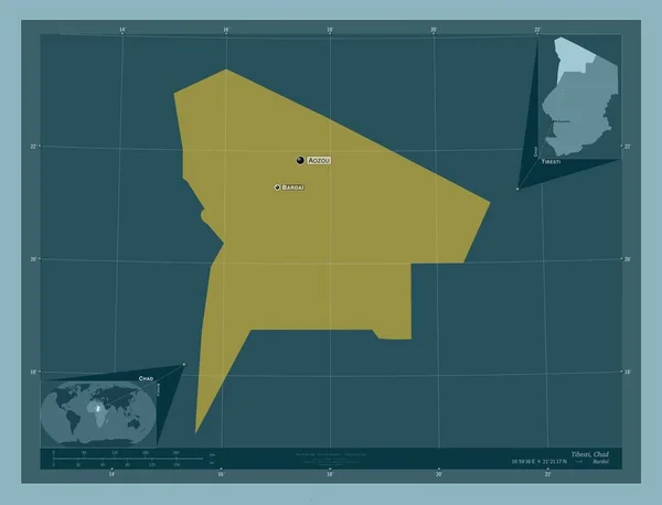 乍得地区的提贝斯提 固体的颜色形状 该区域主要城市的地点和名称 角辅助位置图 — 图库照片