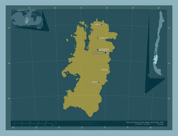 アイゼン ジェネラル カルロス イバネス カンポ チリの地域 しっかりした色の形 地域の主要都市の位置と名前 コーナー補助位置図 — ストック写真