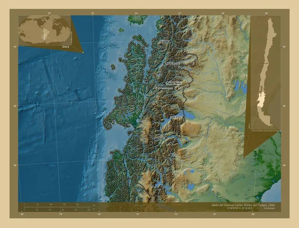 アイゼン ジェネラル カルロス イバネス カンポ チリの地域 湖や川と色の標高マップ 地域の主要都市の位置と名前 コーナー補助位置図 — ストック写真