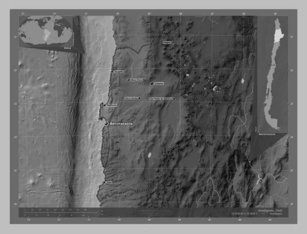 Antofagasta Región Chile Mapa Elevación Escala Grises Con Lagos Ríos — Foto de Stock