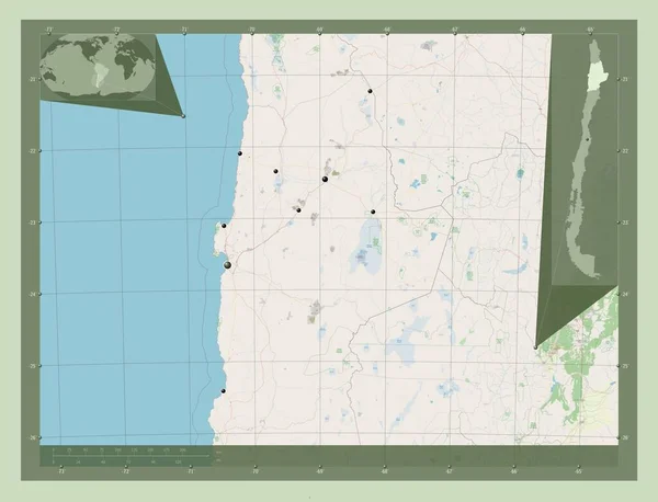 安托法加斯塔 智利地区 开放街道地图 该区域主要城市的所在地点 角辅助位置图 — 图库照片