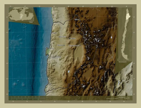 Antofagasta Oblast Chile Zdvihová Mapa Zbarvená Stylu Wiki Jezery Řekami — Stock fotografie