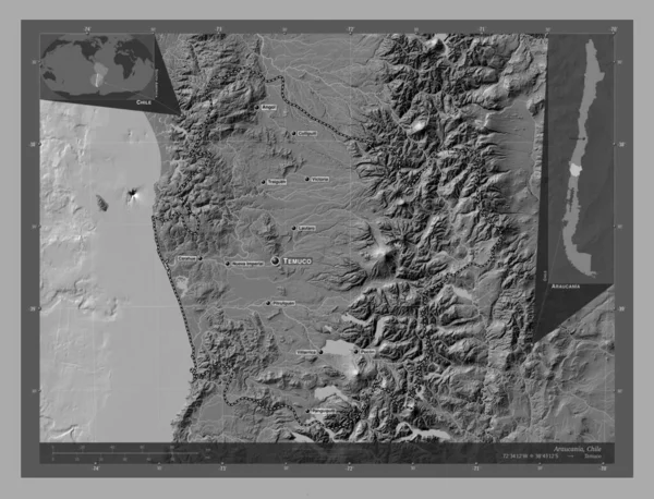 Araucania Chile Régió Kétszintes Domborzati Térkép Tavakkal Folyókkal Régió Nagyvárosainak — Stock Fotó