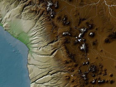 Arica y Parinacota, Şili bölgesi. Yükseklik haritası göller ve nehirlerle wiki stilinde renklendirilmiştir