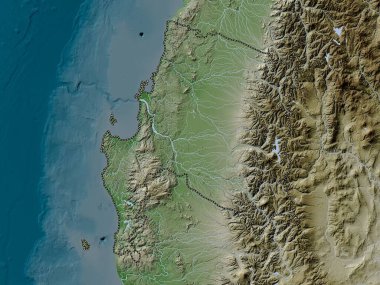 Biyoloji, Şili bölgesi. Yükseklik haritası göller ve nehirlerle wiki stilinde renklendirilmiştir