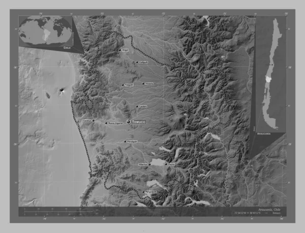 アラウカニア チリの地域 湖や川とグレースケールの標高マップ 地域の主要都市の位置と名前 コーナー補助位置図 — ストック写真