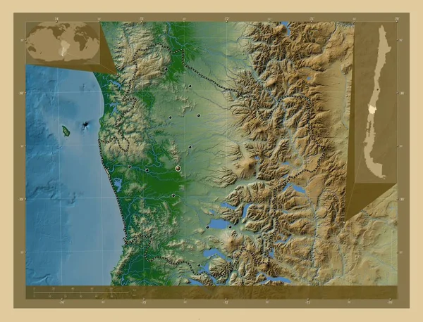 Araucania Region Chile Colored Elevation Map Lakes Rivers Locations Major — Stock Photo, Image