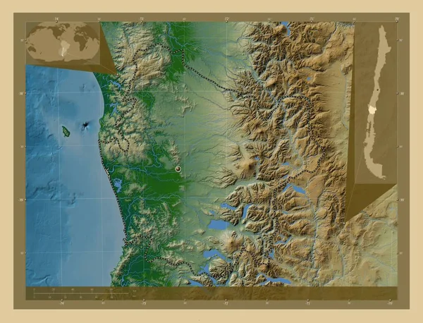 Araucania Region Chile Kolorowa Mapa Wzniesień Jeziorami Rzekami Pomocnicze Mapy — Zdjęcie stockowe