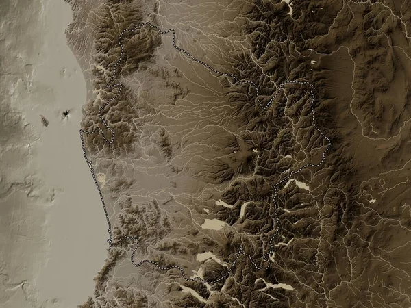 Araucania Region Chile Elevation Map Colored Sepia Tones Lakes Rivers — Stock Photo, Image