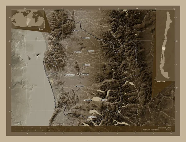 Araucania, region of Chile. Elevation map colored in sepia tones with lakes and rivers. Locations and names of major cities of the region. Corner auxiliary location maps