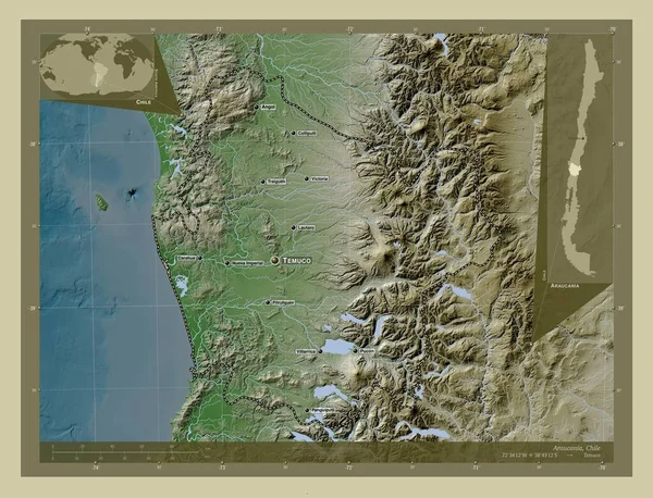 Araucania, region of Chile. Elevation map colored in wiki style with lakes and rivers. Locations and names of major cities of the region. Corner auxiliary location maps