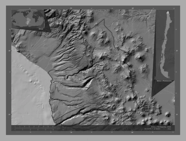 Arica Parinacota Regio Van Chili Hoogteplattegrond Met Meren Rivieren Locaties — Stockfoto